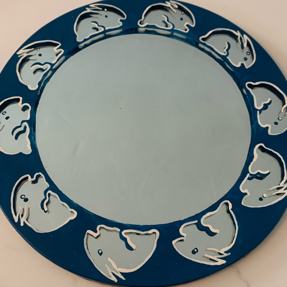 LEE Gorman SMITH Artist Painted Hanging Mirror Blue Bunnies Artist Signed